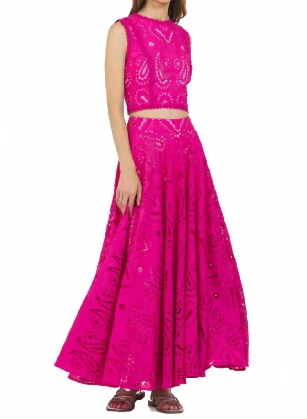 NEW STELLAH eyelet flare maxi skirt in fuchsia